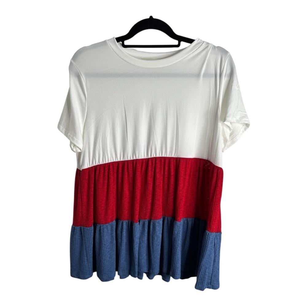 Perfect Peach Women’s Babydoll Red, White and Blue Short Sleeve Top Size XL